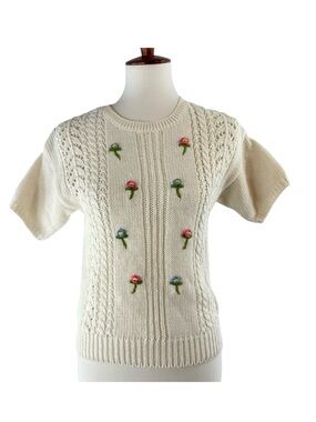 RUSS Petites Vintage Cream Cable Knit Short Sleeve Floral Embroidery Sweater